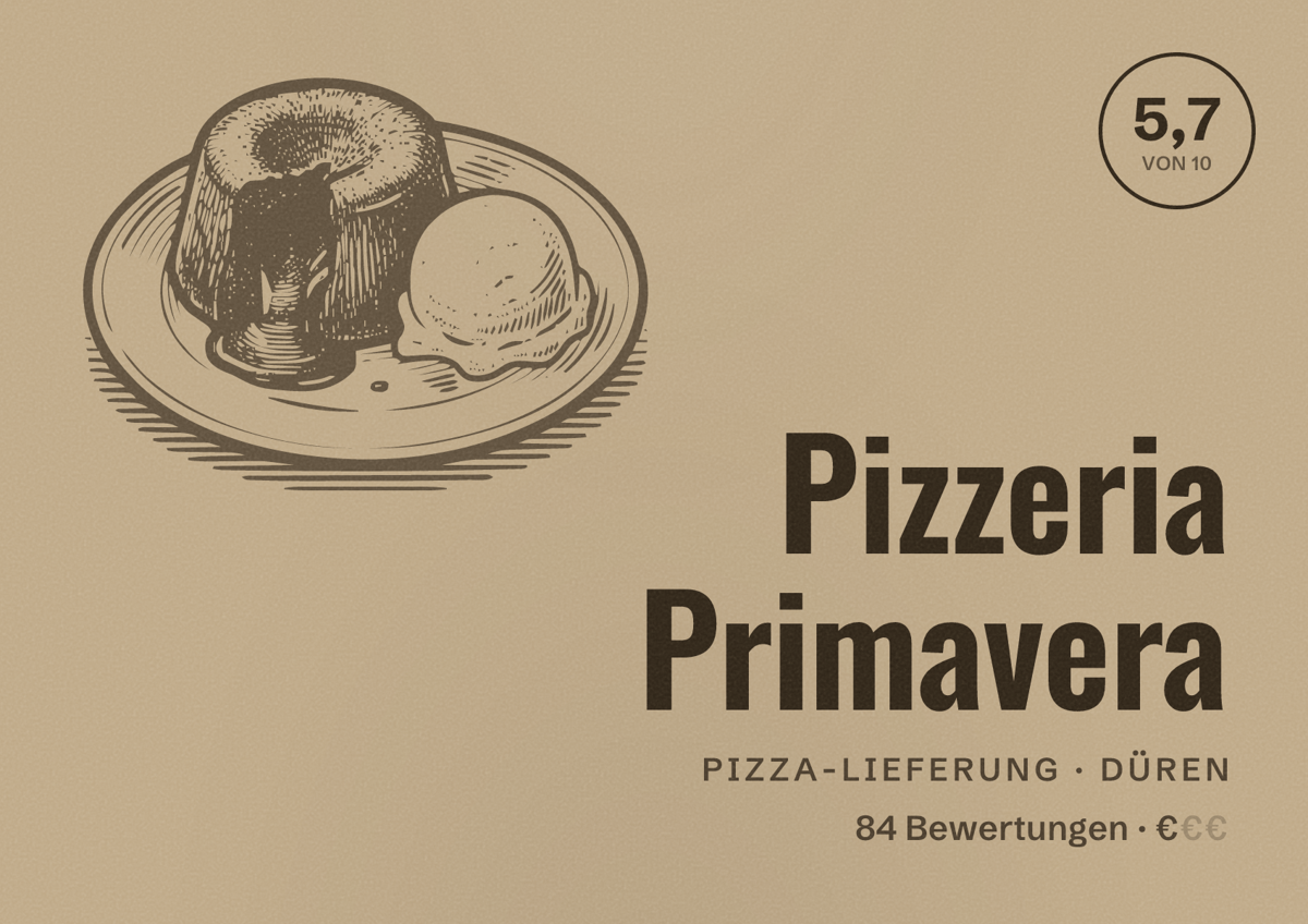 Illustriertes Poster von Pizzeria Primavera, Pizza-Lieferung in Düren: Bewertung 5,7 von 10 aus 84 Bewertungen, Preisniveau €