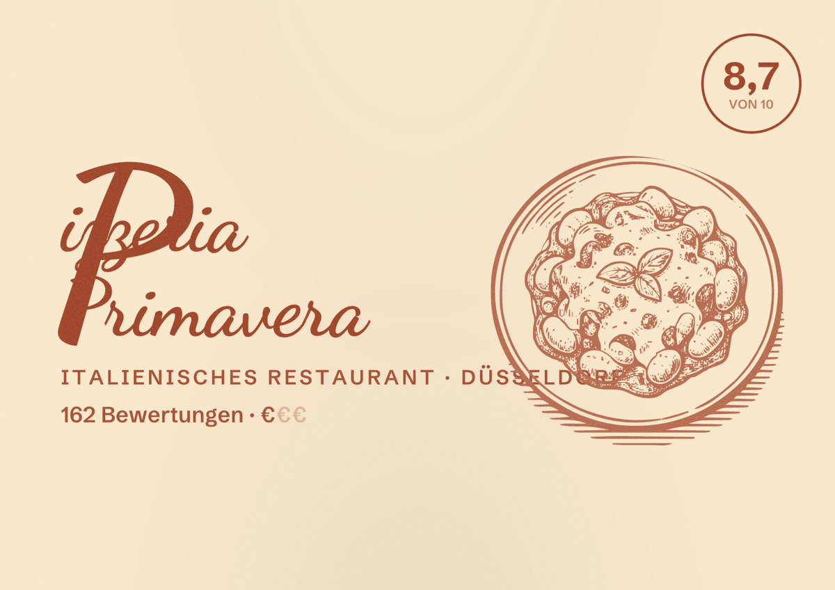 Illustriertes Poster von Pizzeria Primavera, Italienisches Restaurant in Düsseldorf: Bewertung 8,7 von 10 aus 162 Bewertungen, Preisniveau €