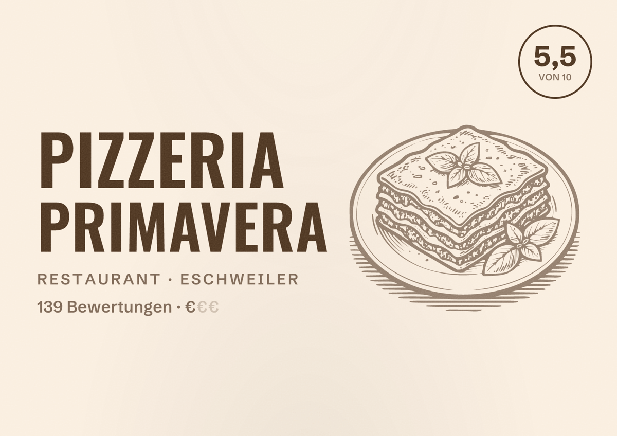 Illustriertes Poster von Pizzeria Primavera, Restaurant in Eschweiler: Bewertung 5,5 von 10 aus 139 Bewertungen, Preisniveau €