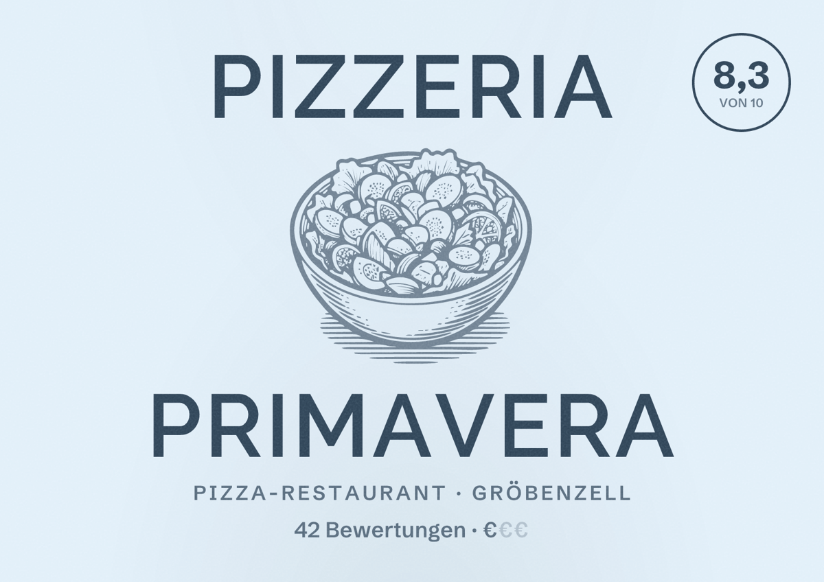 Illustriertes Poster von Pizzeria Primavera, Pizza-Restaurant in Gröbenzell: Bewertung 8,3 von 10 aus 42 Bewertungen, Preisniveau €