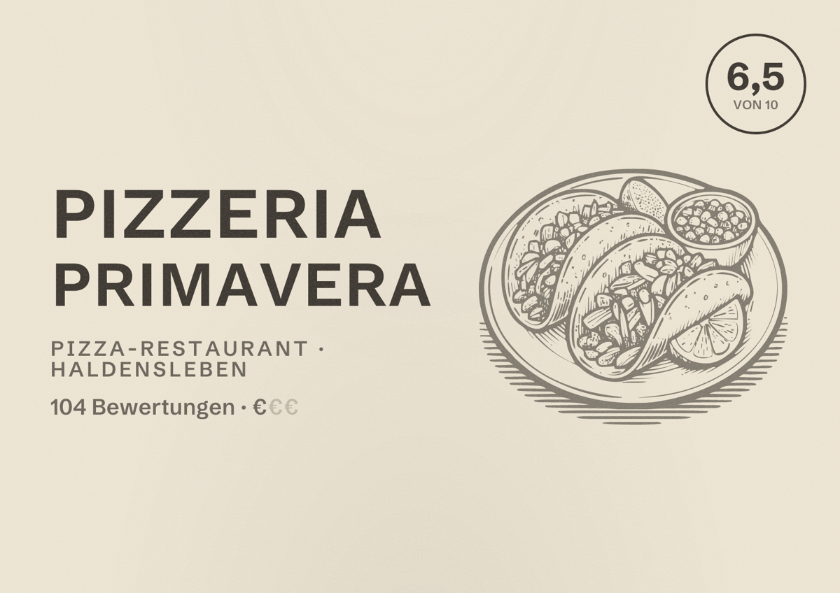Illustriertes Poster von Pizzeria Primavera, Pizza-Restaurant in Haldensleben: Bewertung 6,5 von 10 aus 104 Bewertungen, Preisniveau €