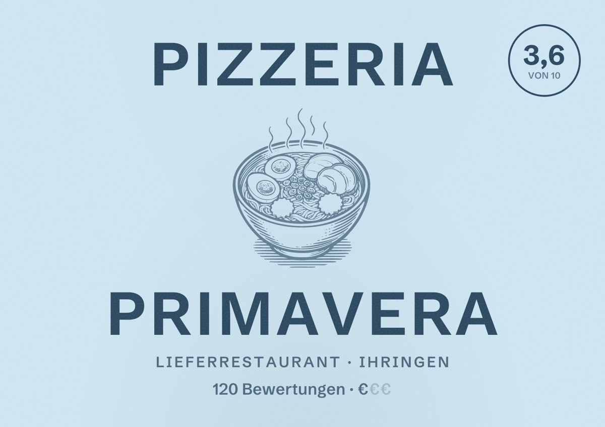 Illustriertes Poster von Pizzeria Primavera, Lieferrestaurant in Ihringen: Bewertung 3,6 von 10 aus 120 Bewertungen, Preisniveau €