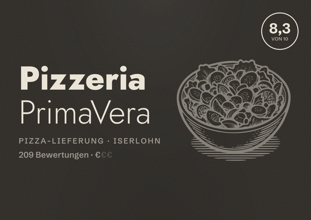 Illustriertes Poster von Pizzeria PrimaVera, Pizza-Lieferung in Iserlohn: Bewertung 8,3 von 10 aus 209 Bewertungen, Preisniveau €