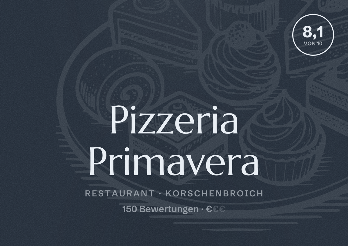 Illustriertes Poster von Pizzeria Primavera, Restaurant in Korschenbroich: Bewertung 8,1 von 10 aus 150 Bewertungen, Preisniveau €