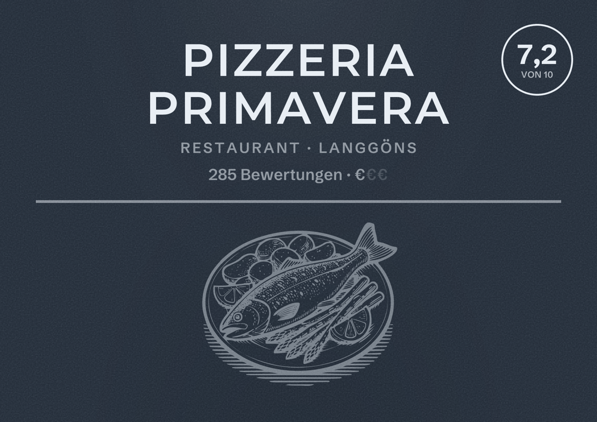 Illustriertes Poster von Pizzeria Primavera, Restaurant in Langgöns: Bewertung 7,2 von 10 aus 285 Bewertungen, Preisniveau €