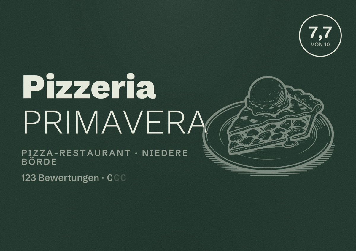 Illustriertes Poster von Pizzeria PRIMAVERA, Pizza-Restaurant in Niedere Börde: Bewertung 7,7 von 10 aus 123 Bewertungen, Preisniveau €