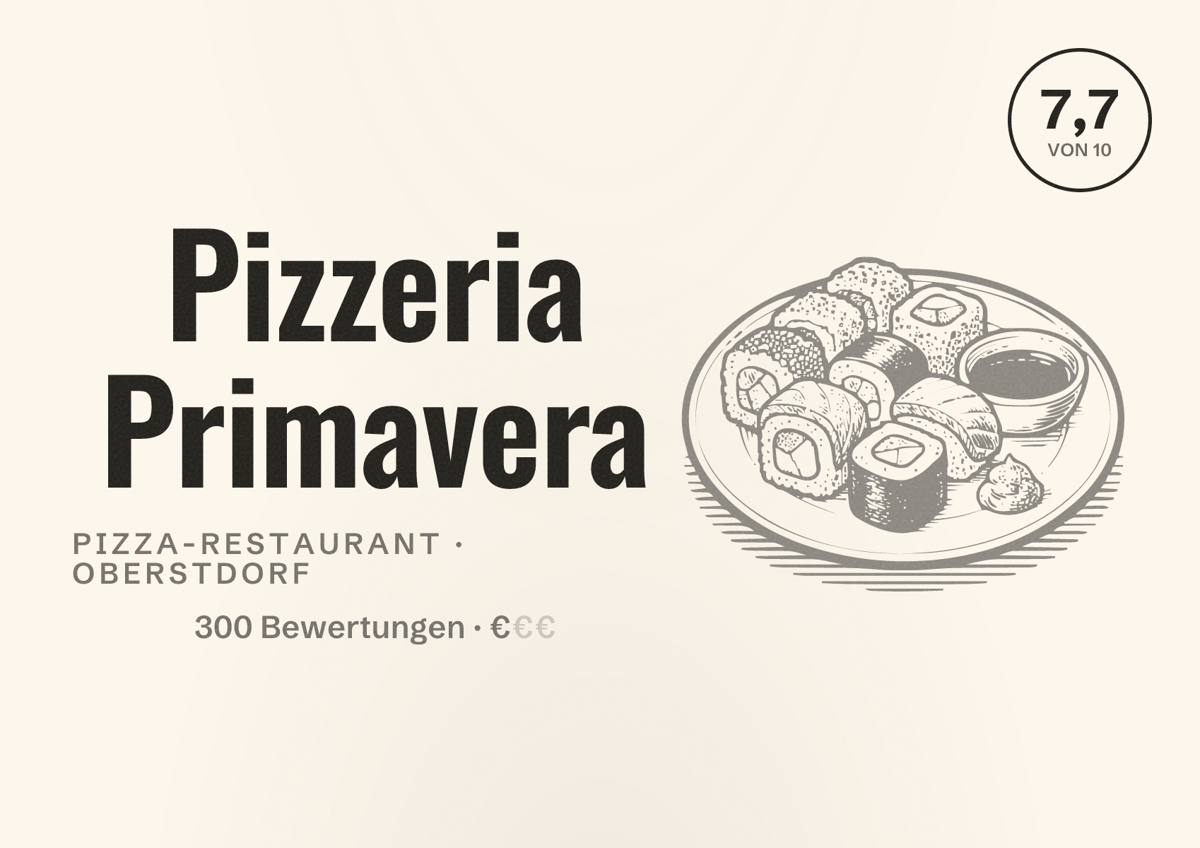 Illustriertes Poster von Pizzeria Primavera, Pizza-Restaurant in Oberstdorf: Bewertung 7,7 von 10 aus 300 Bewertungen, Preisniveau €