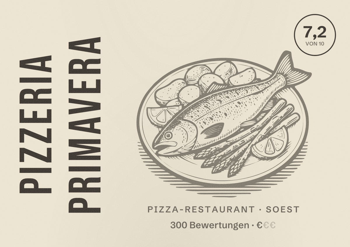Illustriertes Poster von Pizzeria Primavera, Pizza-Restaurant in Soest: Bewertung 7,2 von 10 aus 300 Bewertungen, Preisniveau €