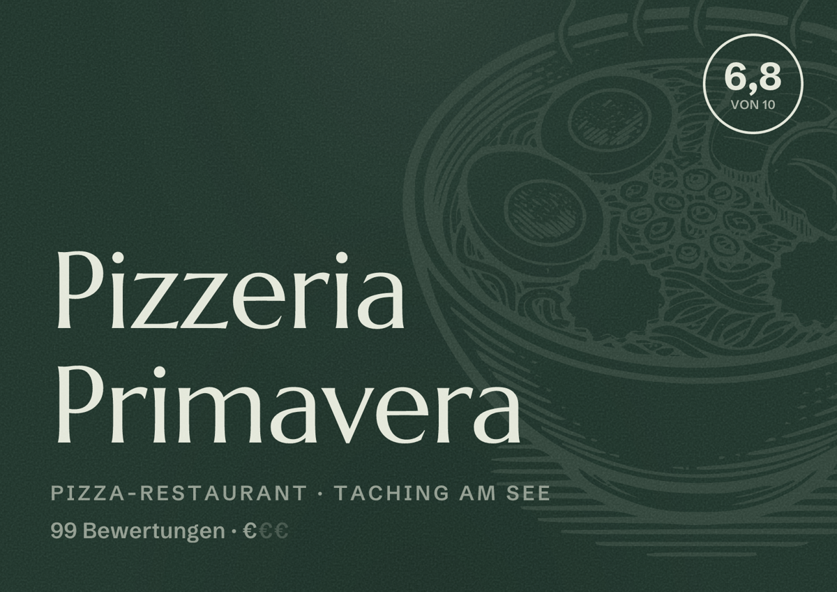 Illustriertes Poster von Pizzeria Primavera, Pizza-Restaurant in Taching am See: Bewertung 6,8 von 10 aus 99 Bewertungen, Preisniveau €