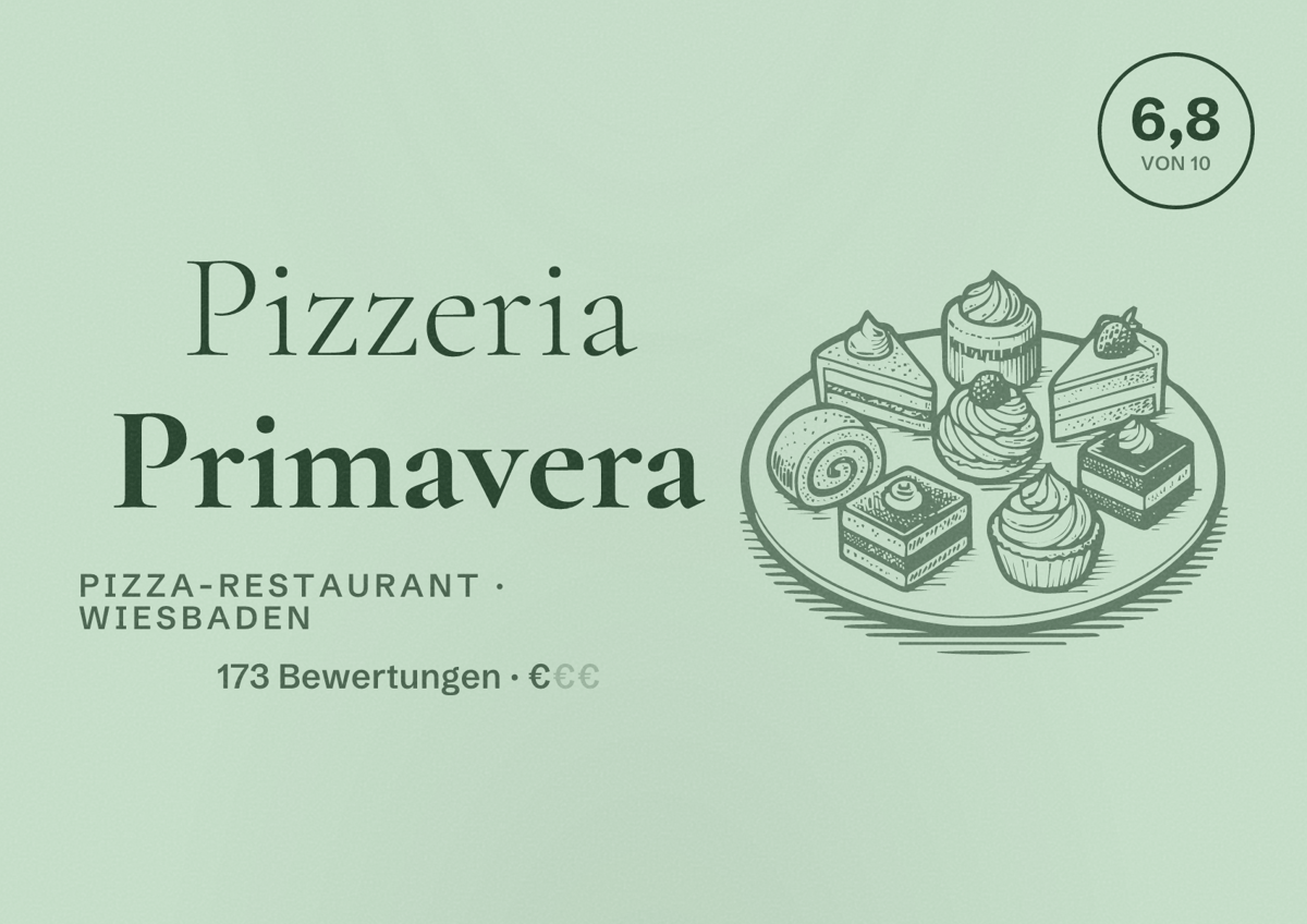 Illustriertes Poster von Pizzeria Primavera, Pizza-Restaurant in Wiesbaden: Bewertung 6,8 von 10 aus 173 Bewertungen, Preisniveau €