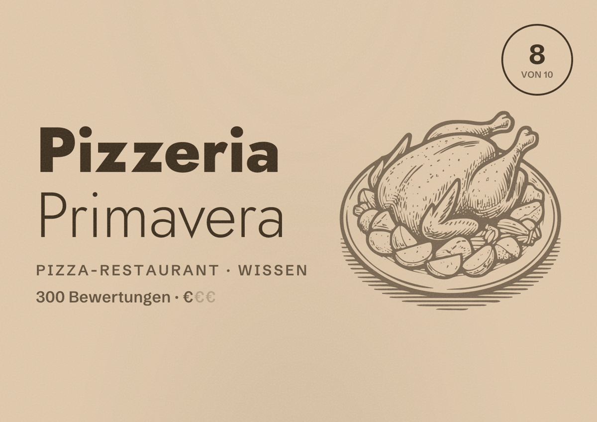 Illustriertes Poster von Pizzeria Primavera, Pizza-Restaurant in Wissen: Bewertung 8 von 10 aus 300 Bewertungen, Preisniveau €