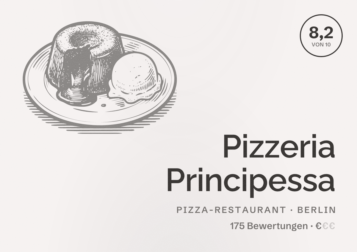 Illustriertes Poster von Pizzeria Principessa, Pizza-Restaurant in Berlin: Bewertung 8,2 von 10 aus 175 Bewertungen, Preisniveau €