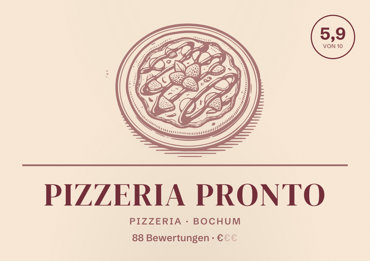 Illustriertes Poster von Pizzeria Pronto, Pizzeria in Bochum: Bewertung 5,9 von 10 aus 88 Bewertungen, Preisniveau €