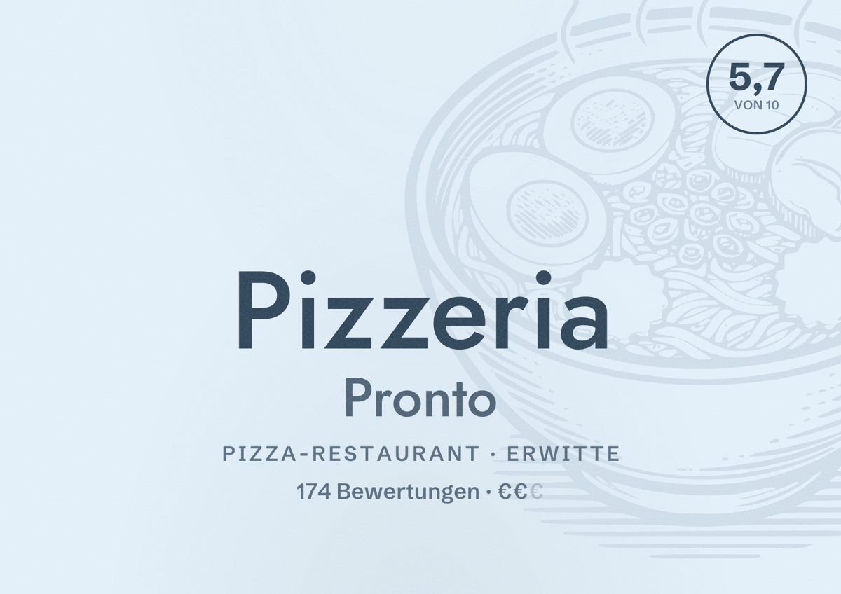 Illustriertes Poster von Pizzeria Pronto, Pizza-Restaurant in Erwitte: Bewertung 5,7 von 10 aus 174 Bewertungen, Preisniveau €€