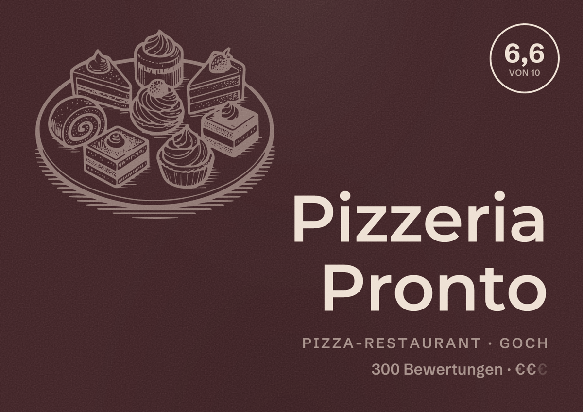 Illustriertes Poster von Pizzeria Pronto, Pizza-Restaurant in Goch: Bewertung 6,6 von 10 aus 300 Bewertungen, Preisniveau €€