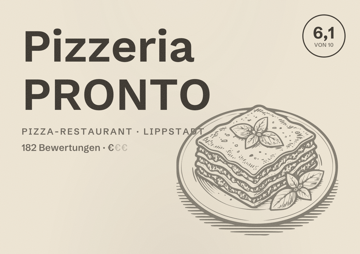 Illustriertes Poster von Pizzeria PRONTO, Pizza-Restaurant in Lippstadt: Bewertung 6,1 von 10 aus 182 Bewertungen, Preisniveau €