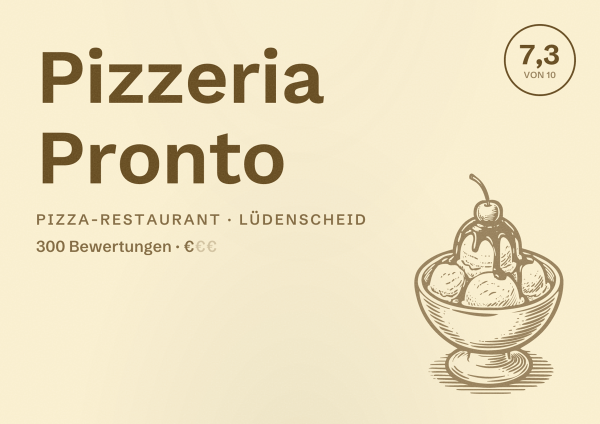 Illustriertes Poster von Pizzeria Pronto, Pizza-Restaurant in Lüdenscheid: Bewertung 7,3 von 10 aus 300 Bewertungen, Preisniveau €