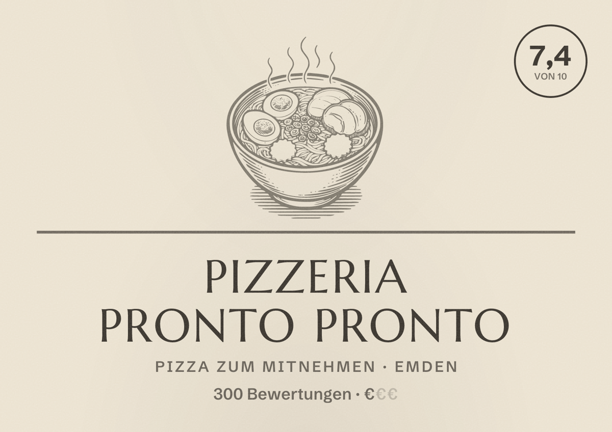 Illustriertes Poster von Pizzeria Pronto Pronto, Pizza zum Mitnehmen in Emden: Bewertung 7,4 von 10 aus 300 Bewertungen, Preisniveau €