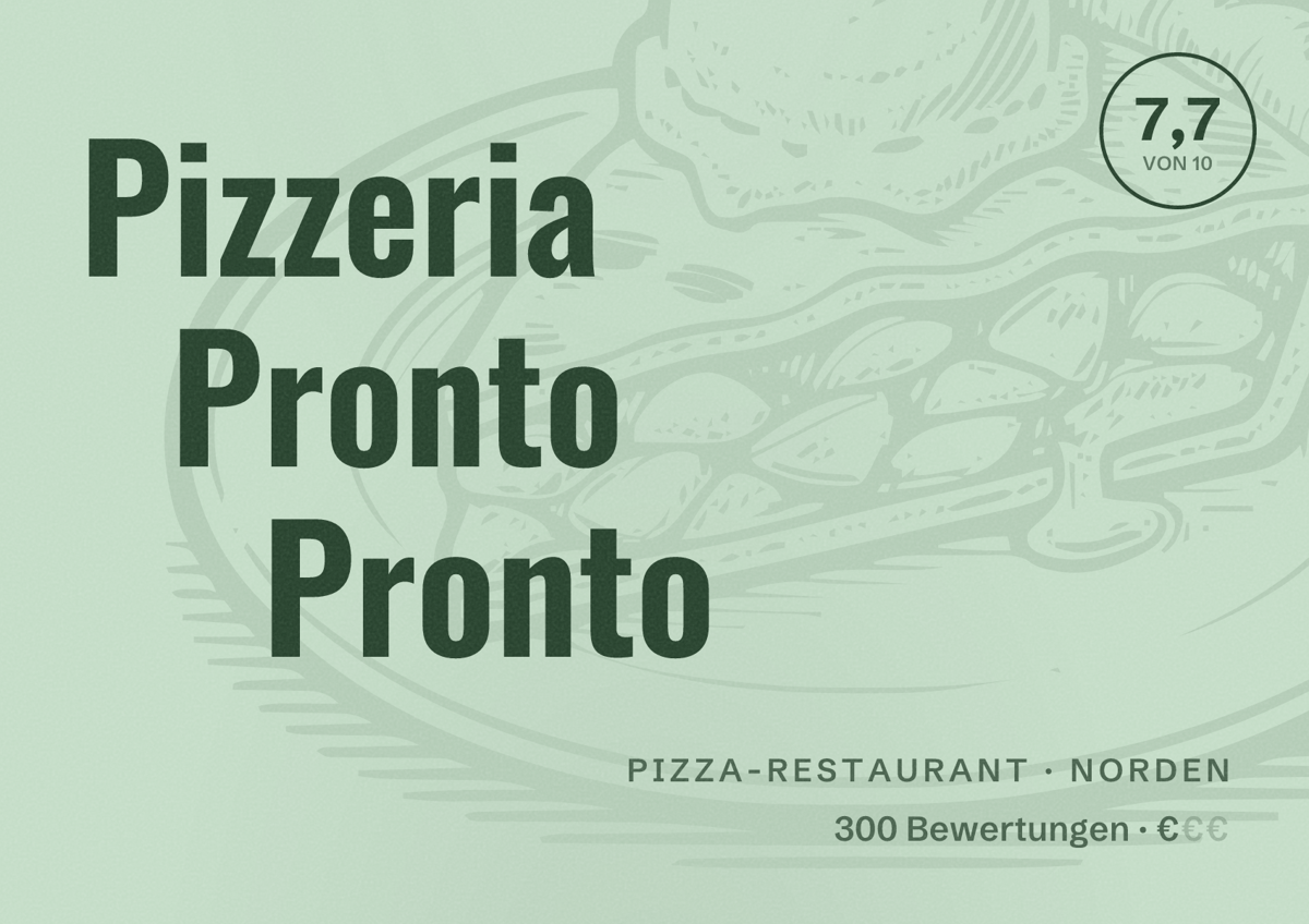 Illustriertes Poster von Pizzeria Pronto Pronto, Pizza-Restaurant in Norden: Bewertung 7,7 von 10 aus 300 Bewertungen, Preisniveau €
