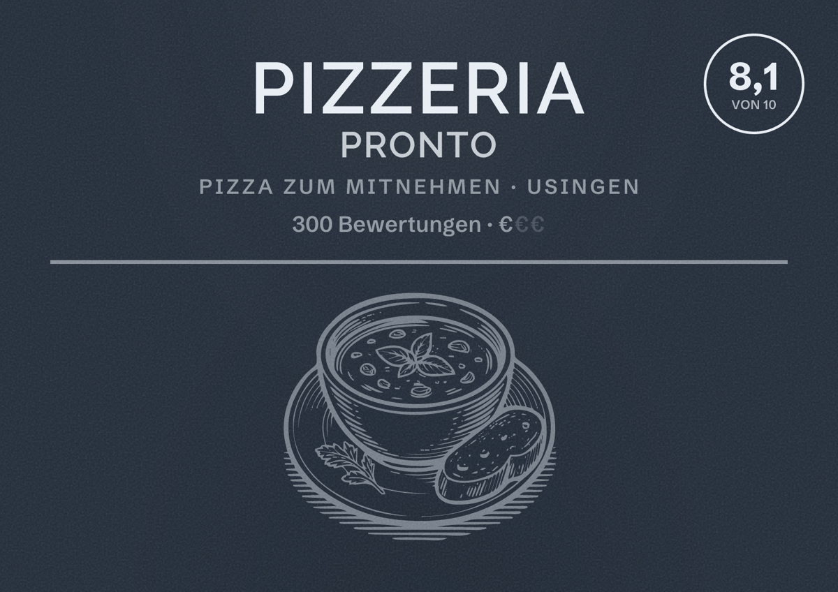 Illustriertes Poster von Pizzeria Pronto, Pizza zum Mitnehmen in Usingen: Bewertung 8,1 von 10 aus 300 Bewertungen, Preisniveau €