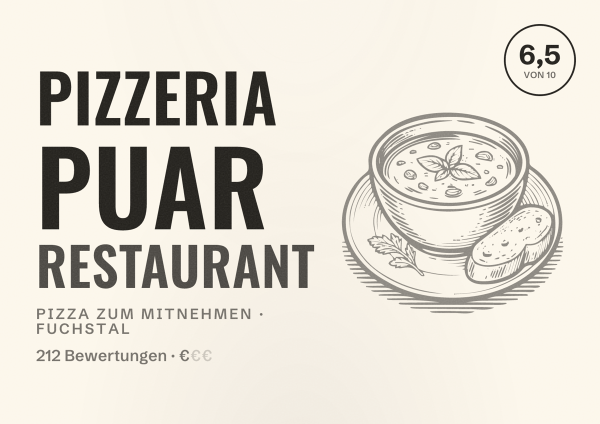Illustriertes Poster von Pizzeria Puar Restaurant, Pizza zum Mitnehmen in Fuchstal: Bewertung 6,5 von 10 aus 212 Bewertungen, Preisniveau €