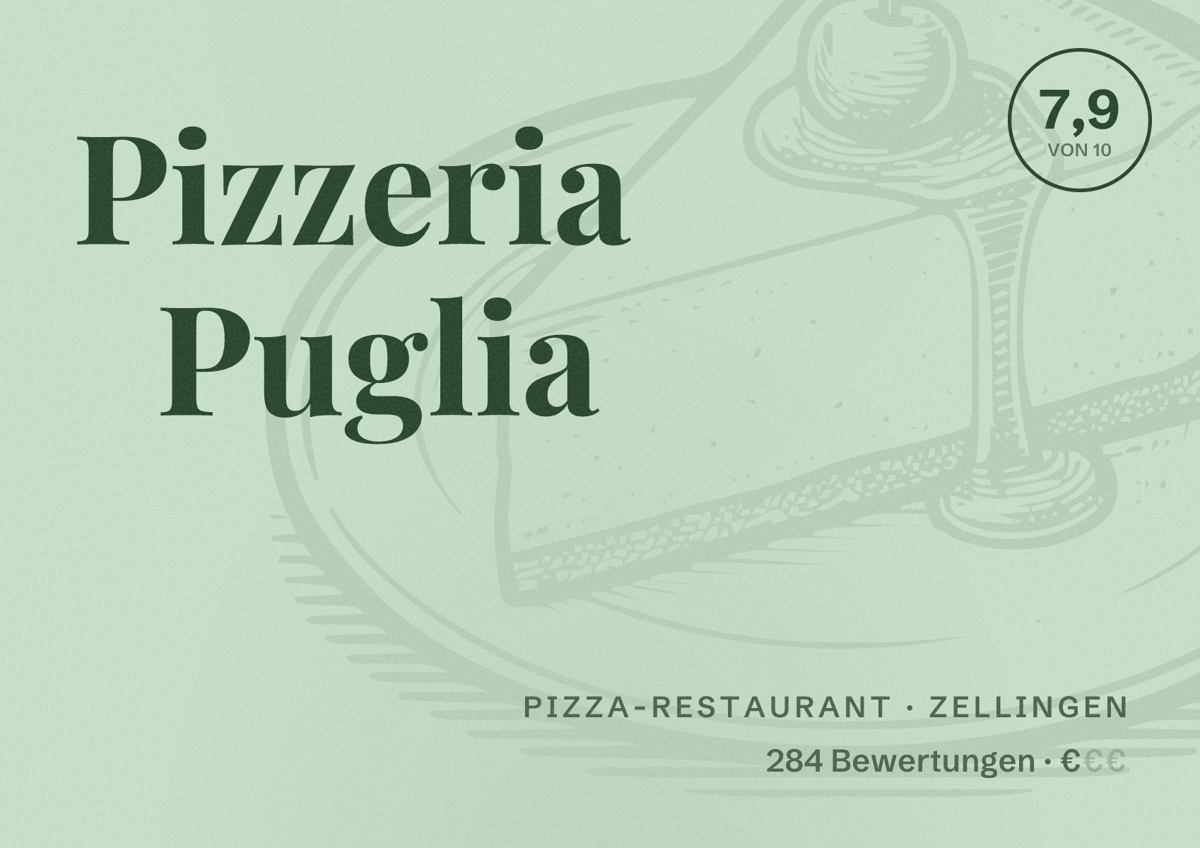 Illustriertes Poster von Pizzeria Puglia, Pizza-Restaurant in Zellingen: Bewertung 7,9 von 10 aus 284 Bewertungen, Preisniveau €