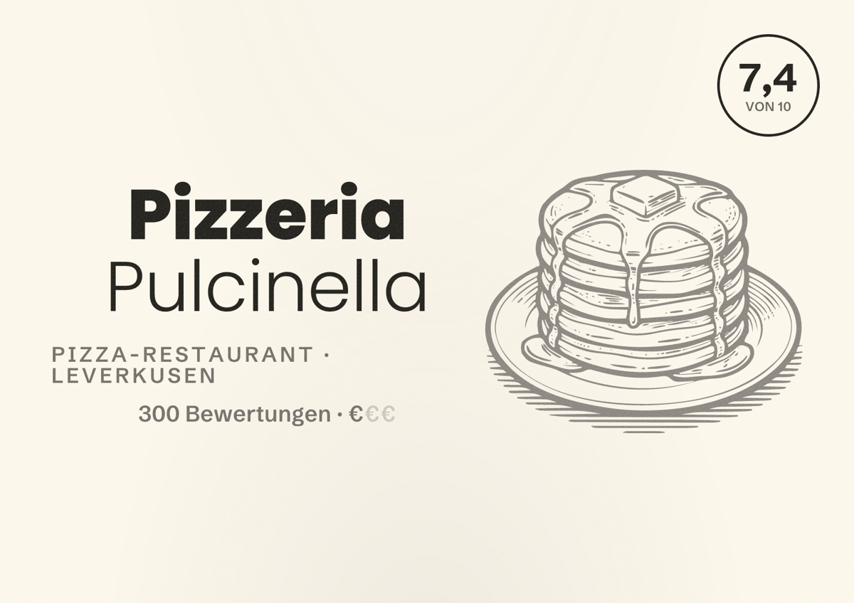 Illustriertes Poster von Pizzeria Pulcinella, Pizza-Restaurant in Leverkusen: Bewertung 7,4 von 10 aus 300 Bewertungen, Preisniveau €