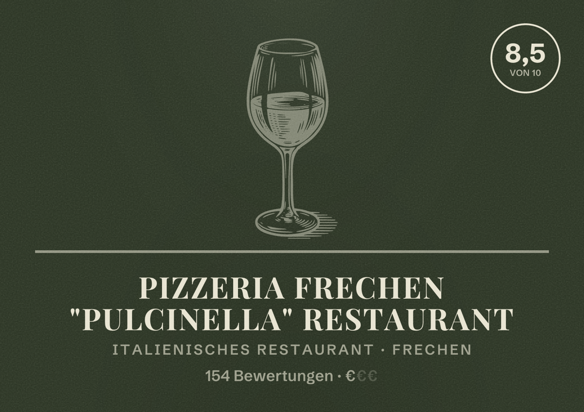 Illustriertes Poster von Pizzeria Frechen "Pulcinella" Restaurant, Italienisches Restaurant in Frechen: Bewertung 8,5 von 10 aus 154 Bewertungen, Preisniveau €