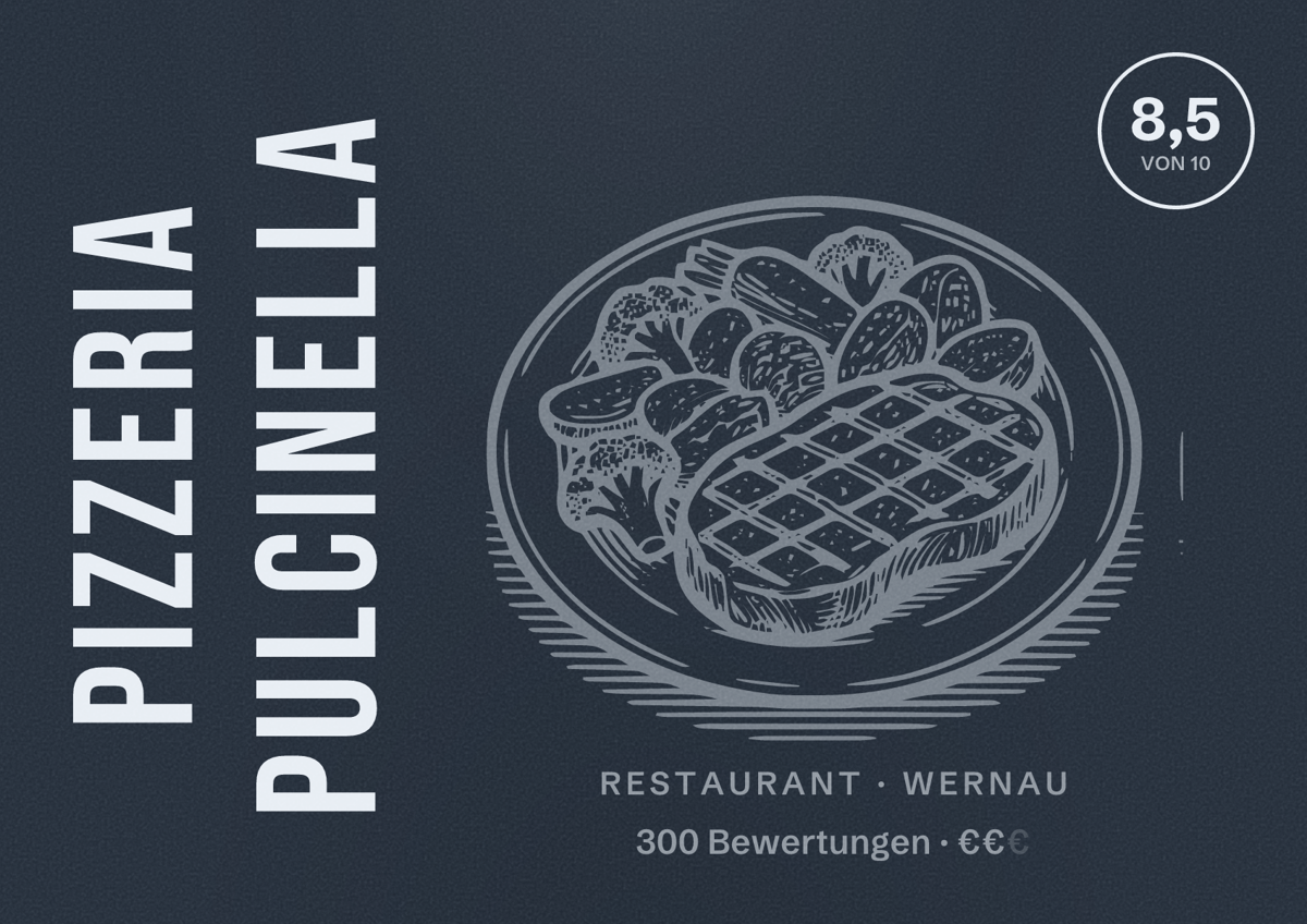Illustriertes Poster von Pizzeria Pulcinella, Restaurant in Wernau: Bewertung 8,5 von 10 aus 300 Bewertungen, Preisniveau €€