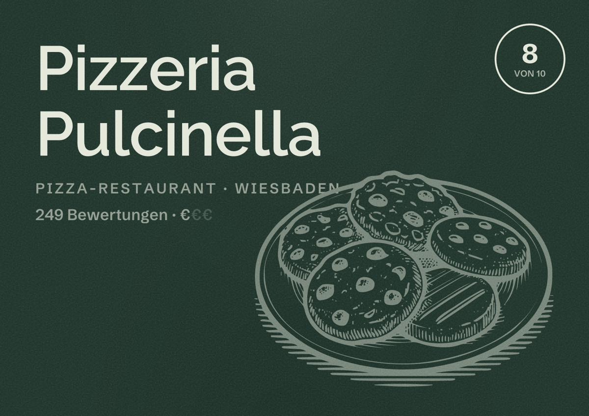 Illustriertes Poster von Pizzeria Pulcinella, Pizza-Restaurant in Wiesbaden: Bewertung 8 von 10 aus 249 Bewertungen, Preisniveau €