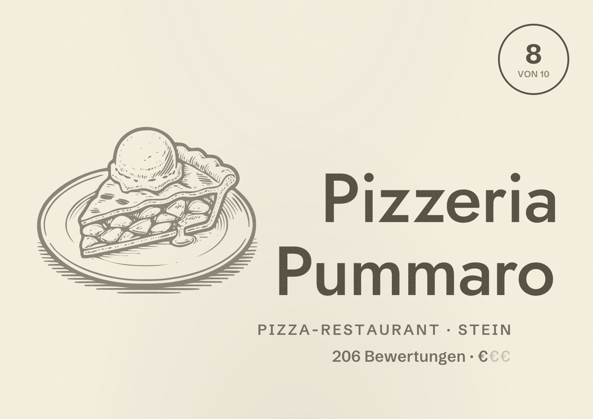 Illustriertes Poster von Pizzeria Pummaro, Pizza-Restaurant in Stein: Bewertung 8 von 10 aus 206 Bewertungen, Preisniveau €