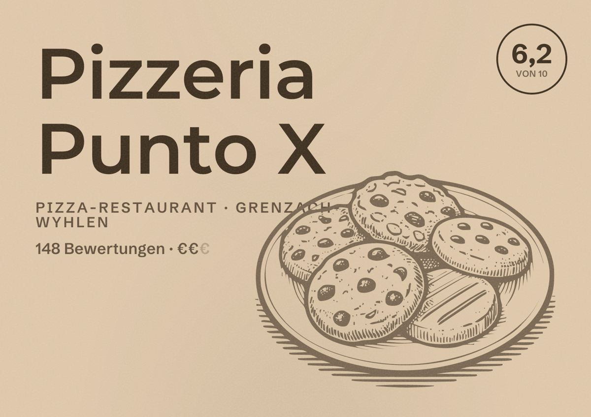 Illustriertes Poster von Pizzeria Punto X, Pizza-Restaurant in Grenzach-Wyhlen: Bewertung 6,2 von 10 aus 148 Bewertungen, Preisniveau €€