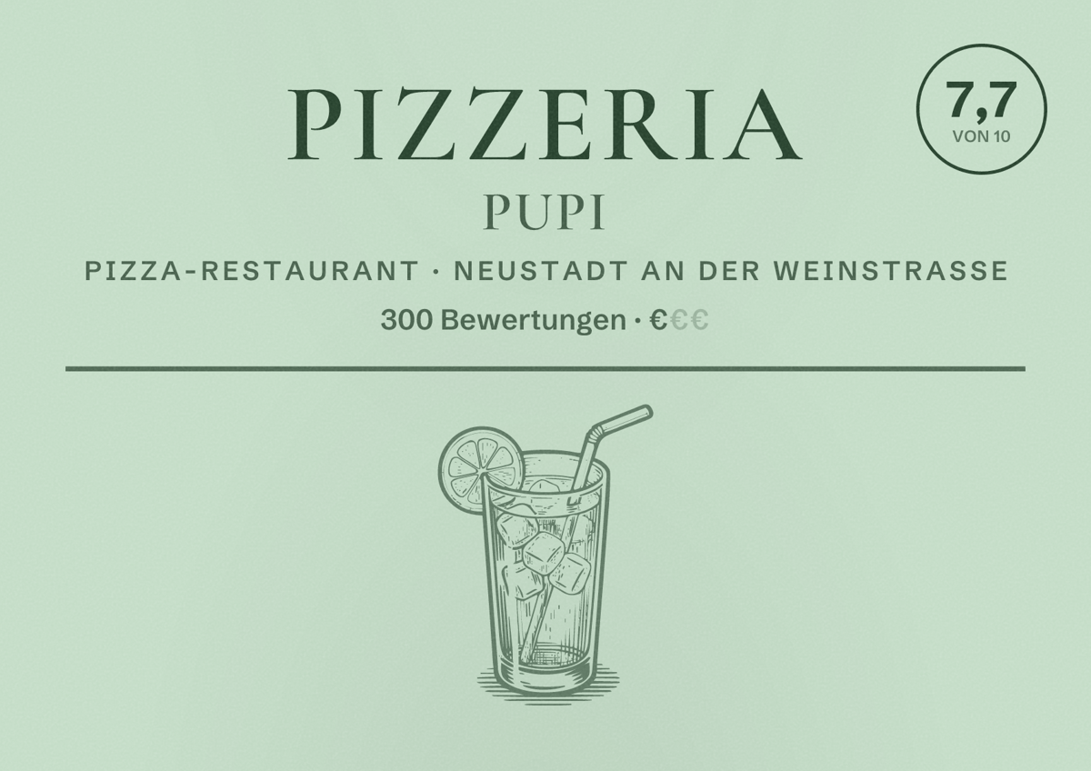 Illustriertes Poster von Pizzeria Pupi, Pizza-Restaurant in Neustadt an der Weinstraße: Bewertung 7,7 von 10 aus 300 Bewertungen, Preisniveau €