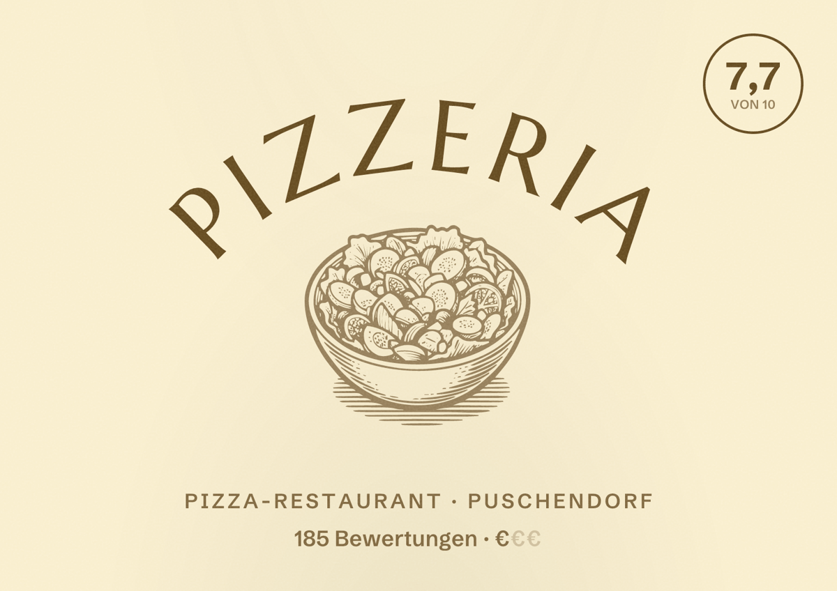 Illustriertes Poster von Pizzeria, Pizza-Restaurant in Puschendorf: Bewertung 7,7 von 10 aus 185 Bewertungen, Preisniveau €