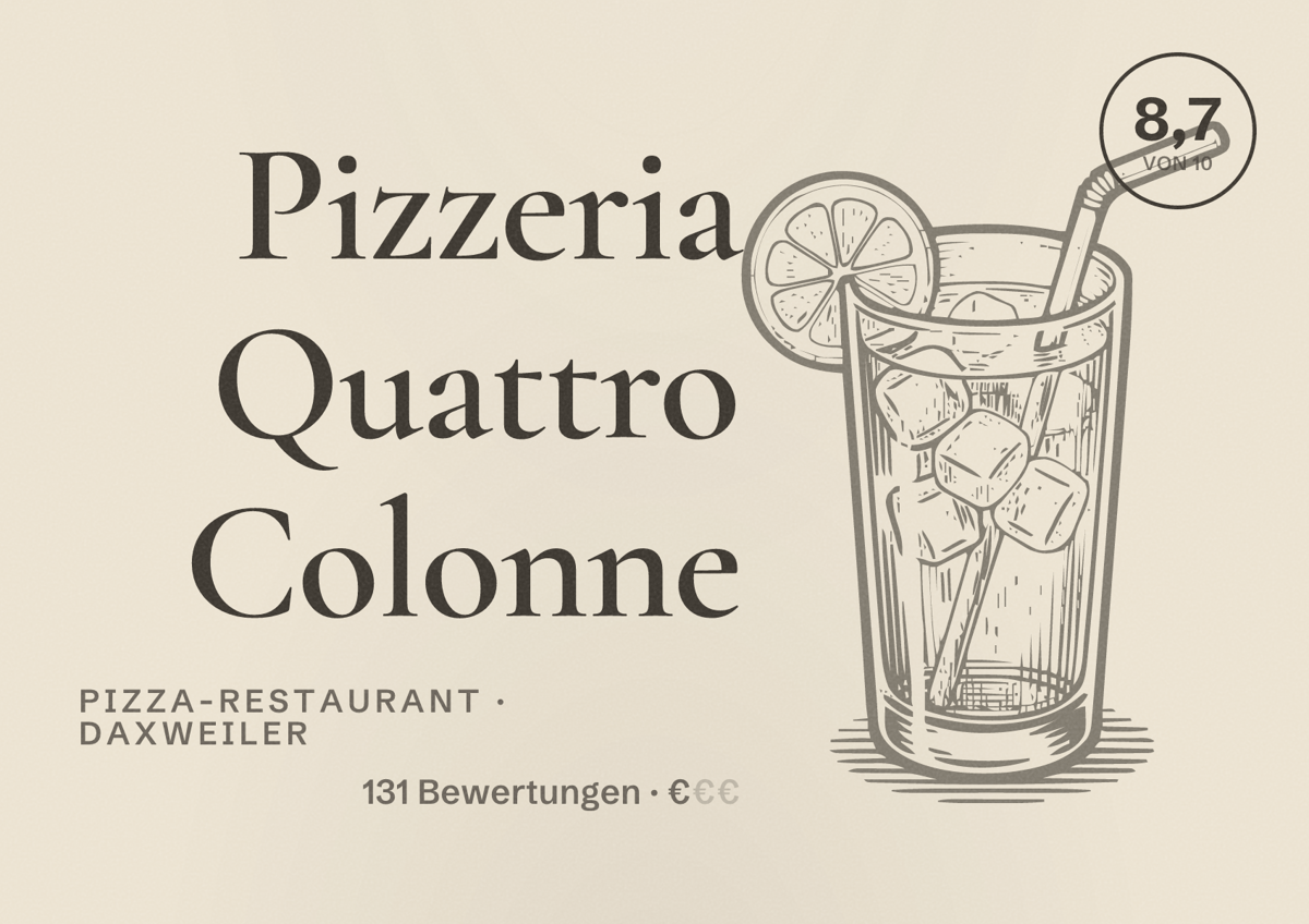 Illustriertes Poster von Pizzeria Quattro Colonne, Pizza-Restaurant in Daxweiler: Bewertung 8,7 von 10 aus 131 Bewertungen, Preisniveau €