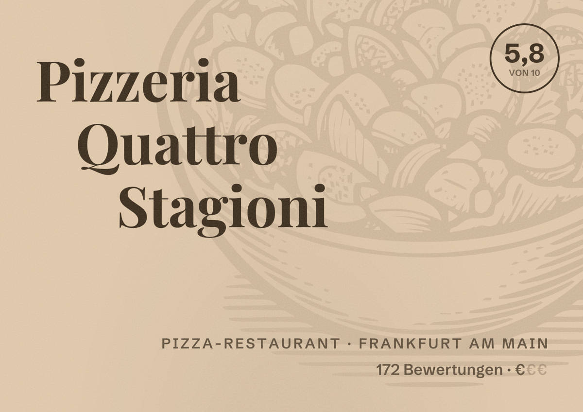 Illustriertes Poster von Pizzeria Quattro Stagioni, Pizza-Restaurant in Frankfurt am Main: Bewertung 5,8 von 10 aus 172 Bewertungen, Preisniveau €
