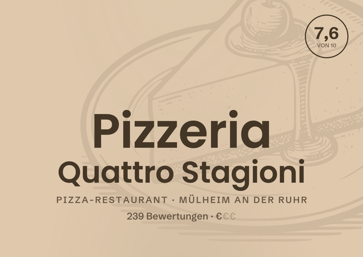 Illustriertes Poster von Pizzeria Quattro Stagioni, Pizza-Restaurant in Mülheim an der Ruhr: Bewertung 7,6 von 10 aus 239 Bewertungen, Preisniveau €