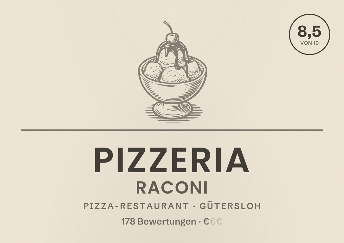 Illustriertes Poster von Pizzeria Raconi, Pizza-Restaurant in Gütersloh: Bewertung 8,5 von 10 aus 178 Bewertungen, Preisniveau €
