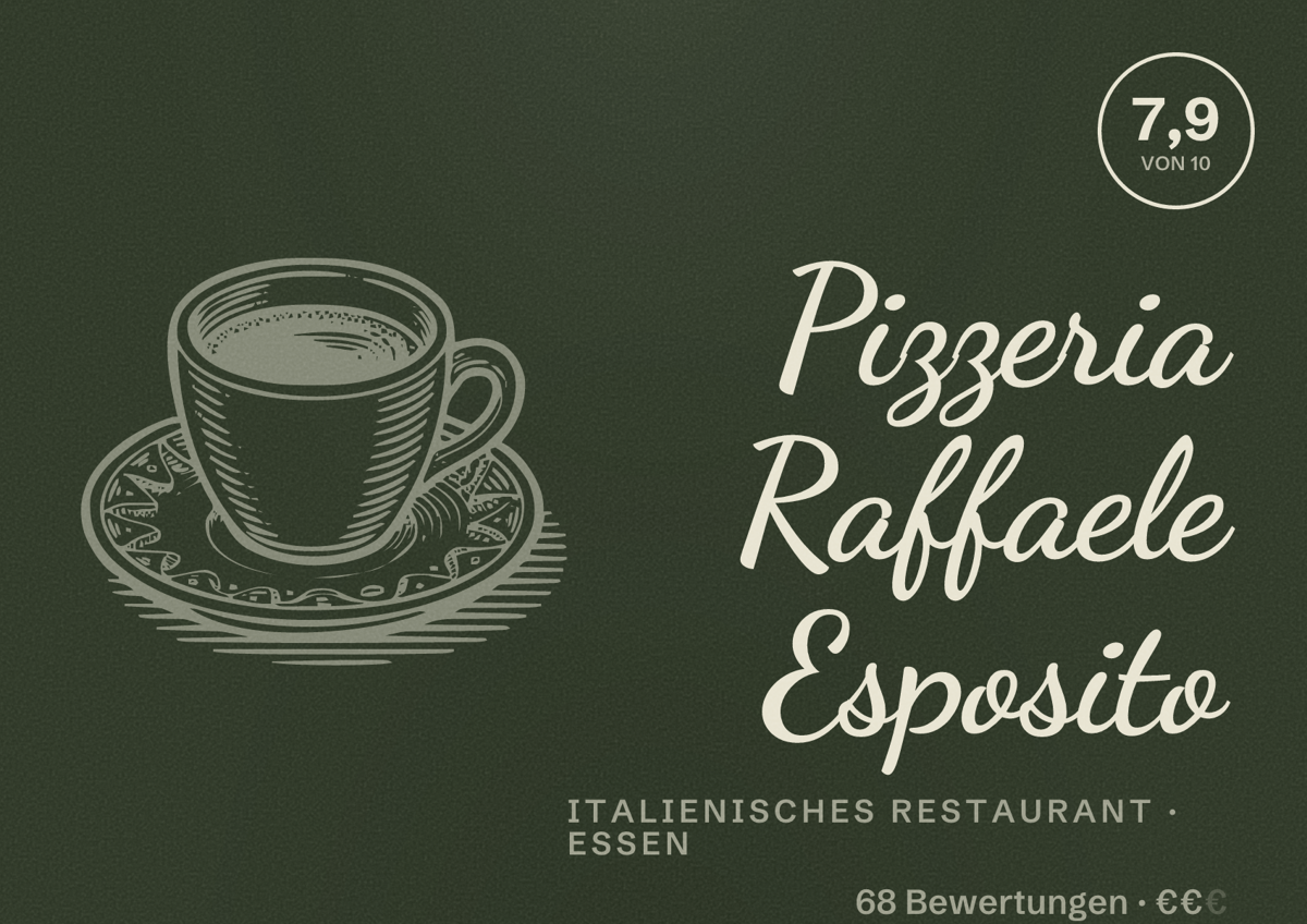 Illustriertes Poster von Pizzeria Raffaele Esposito, Italienisches Restaurant in Essen: Bewertung 7,9 von 10 aus 68 Bewertungen, Preisniveau €€