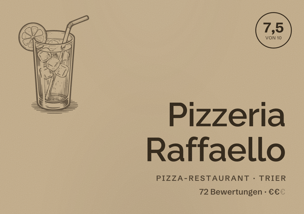 Illustriertes Poster von Pizzeria Raffaello, Pizza-Restaurant in Trier: Bewertung 7,5 von 10 aus 72 Bewertungen, Preisniveau €€