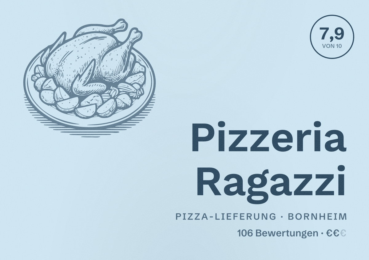 Illustriertes Poster von Pizzeria Ragazzi, Pizza-Lieferung in Bornheim: Bewertung 7,9 von 10 aus 106 Bewertungen, Preisniveau €€