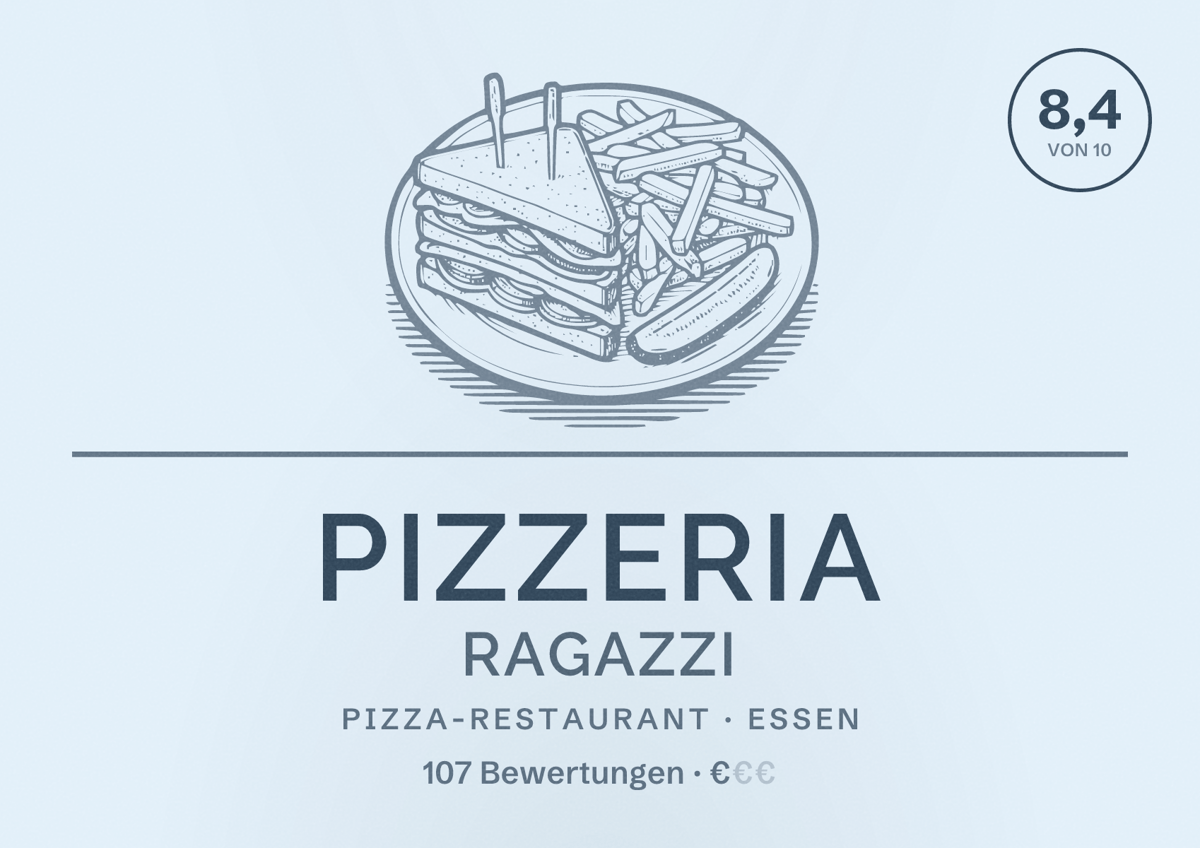 Illustriertes Poster von Pizzeria Ragazzi, Pizza-Restaurant in Essen: Bewertung 8,4 von 10 aus 107 Bewertungen, Preisniveau €
