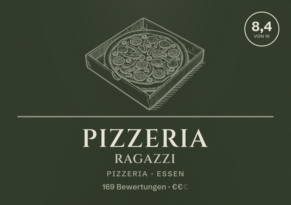 Illustriertes Poster von Pizzeria Ragazzi, Pizzeria in Essen: Bewertung 8,4 von 10 aus 169 Bewertungen, Preisniveau €€