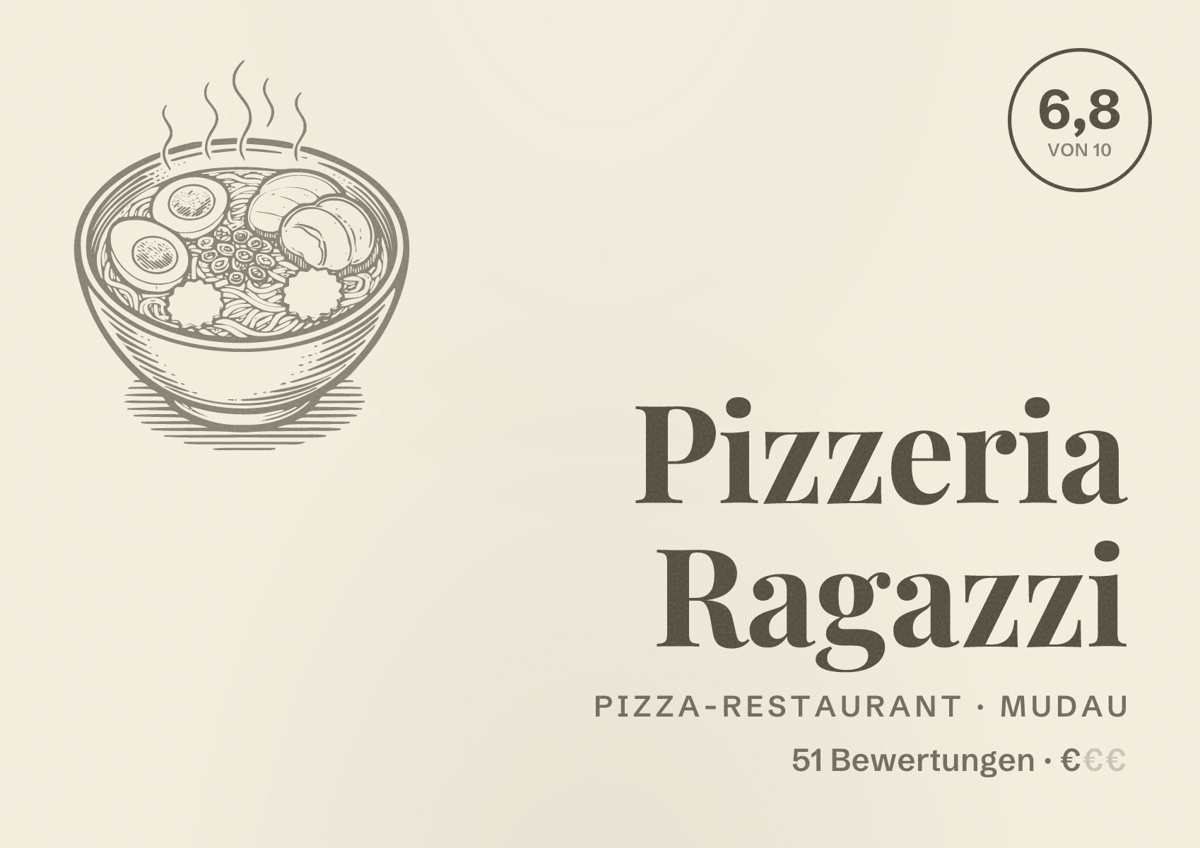 Illustriertes Poster von Pizzeria Ragazzi, Pizza-Restaurant in Mudau: Bewertung 6,8 von 10 aus 51 Bewertungen, Preisniveau €