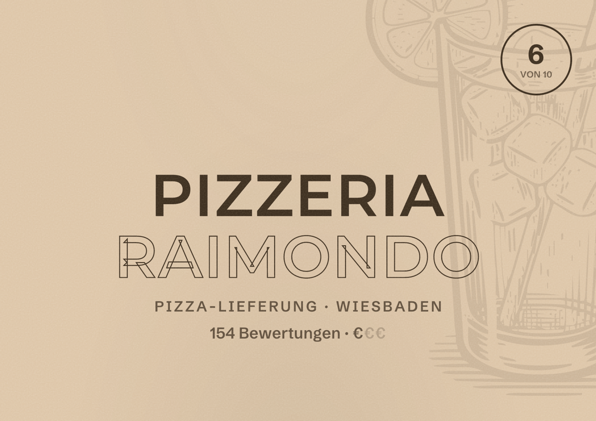 Illustriertes Poster von Pizzeria Raimondo, Pizza-Lieferung in Wiesbaden: Bewertung 6,0 von 10 aus 154 Bewertungen, Preisniveau €