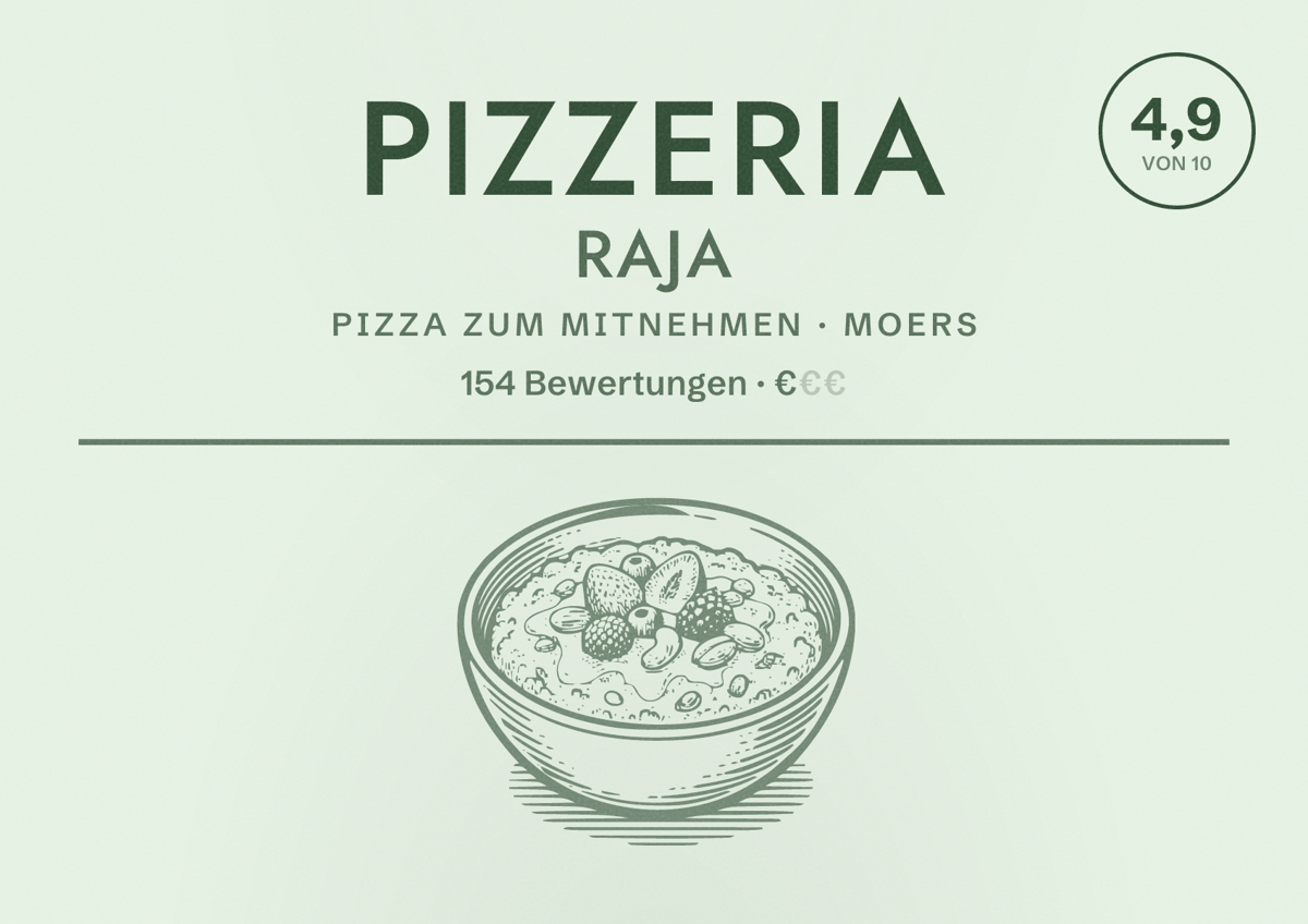 Illustriertes Poster von Pizzeria Raja, Pizza zum Mitnehmen in Moers: Bewertung 4,9 von 10 aus 154 Bewertungen, Preisniveau €