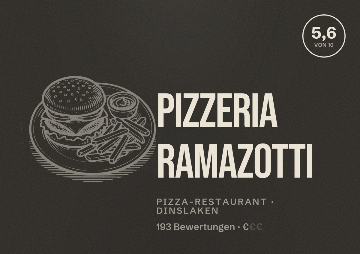 Illustriertes Poster von Pizzeria Ramazotti, Pizza-Restaurant in Dinslaken: Bewertung 5,6 von 10 aus 193 Bewertungen, Preisniveau €