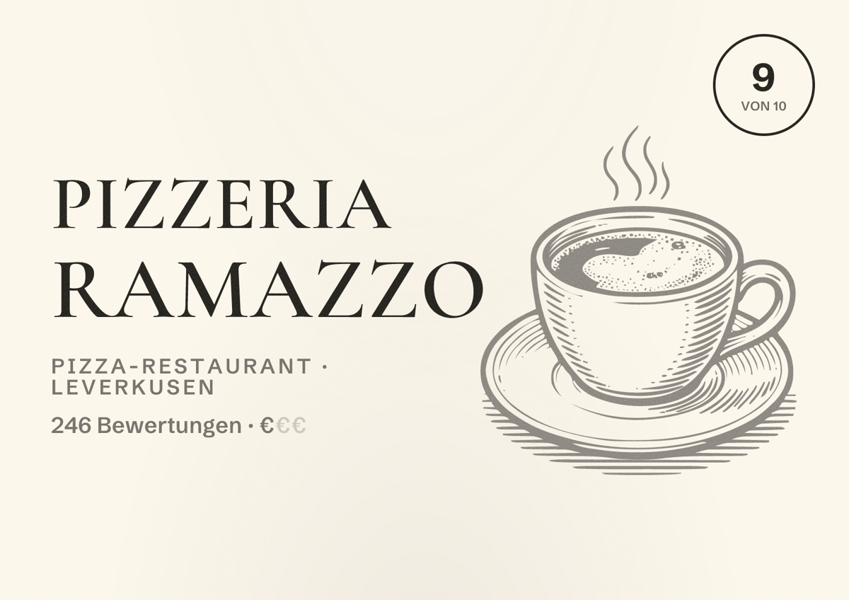 Illustriertes Poster von Pizzeria Ramazzo, Pizza-Restaurant in Leverkusen: Bewertung 9 von 10 aus 246 Bewertungen, Preisniveau €