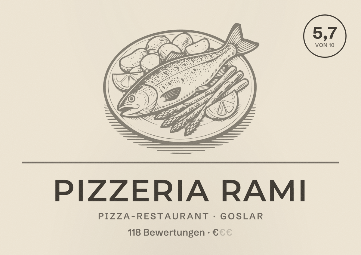 Illustriertes Poster von Pizzeria Rami, Pizza-Restaurant in Goslar: Bewertung 5,7 von 10 aus 118 Bewertungen, Preisniveau €