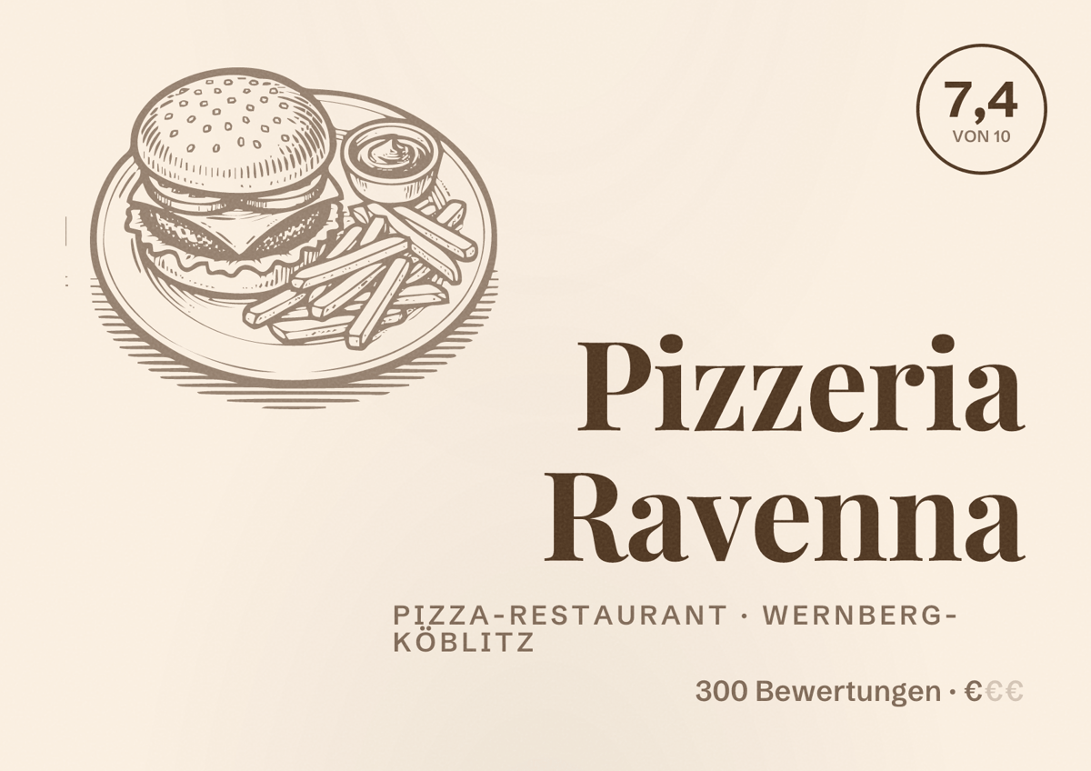 Illustriertes Poster von Pizzeria Ravenna, Pizza-Restaurant in Wernberg-Köblitz: Bewertung 7,4 von 10 aus 300 Bewertungen, Preisniveau €